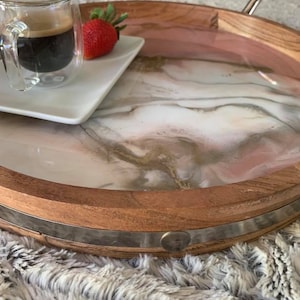 14&quot; Wood Serving Tray with Silver Handles, Resin Blush, White and Gold Breakfast tray