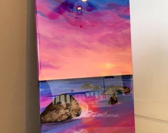 Dramatic Sunset over Rocky Beach, Acrylic Painting, Resin Art, Large Painting, Tropical Night Sky