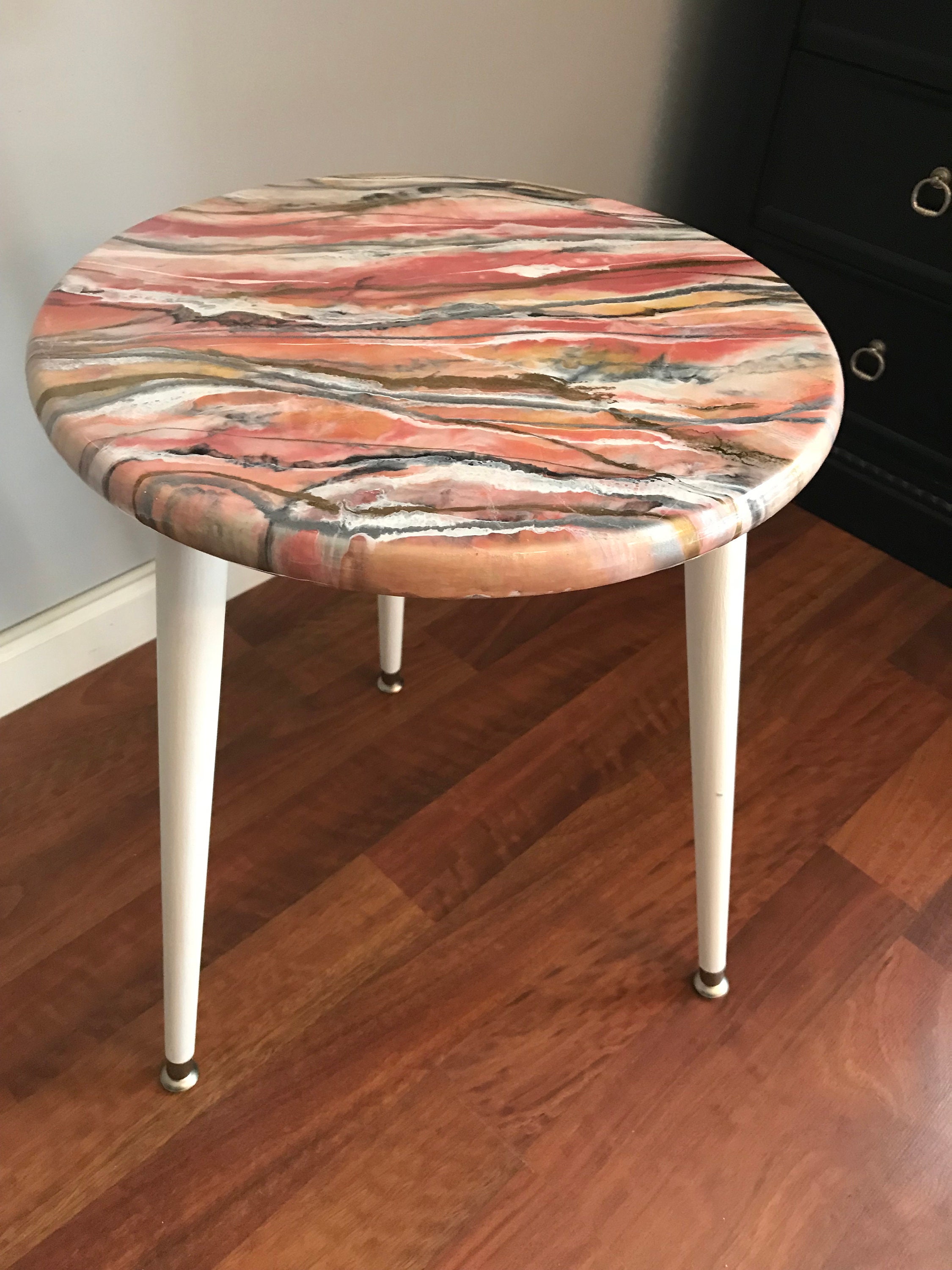 Pink marble Resin Pour Painted Table Top With Natural Wood Tapered