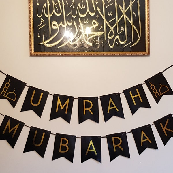 Umrah Mubarak Bunting (2m Long with 14 Large Flags) Gold Black