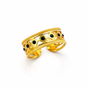Gold Black Onyx Ring – Boho Adjustable Statement Ring – Vintage Inspired Openwork Ring – Bohemian Jewelry Gift for Her