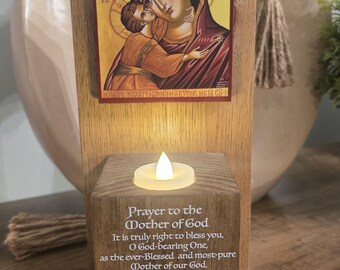 Bougeoir commémoratif Mary LED fait main - Présentoir pour la Sainte Mère - Décoration d'intérieur catholique - Cadeau de sympathie - Souvenir de confirmation