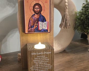 Bougeoir commémoratif à LED Jésus fait main - Coin prière - Décoration d'intérieur - Cadeau de prière catholique - Cadeau de sympathie - Souvenir de confirmation