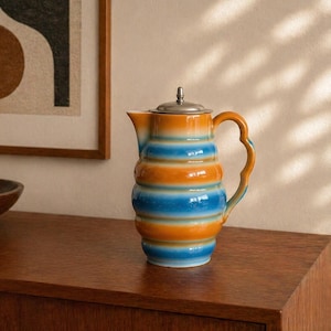 Vintage Leuchtenburg Miranda kakaokanna med lock | Keramikkanna från mitten av århundradet | DDR keramikkanna | Retro orange och blå kruka | Spritz Decor