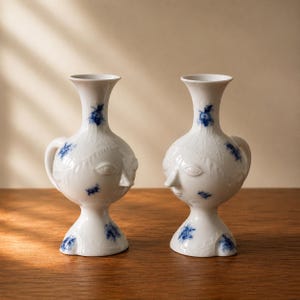 Puede incluir: Dos jarrones de cerámica blanca con diseño de rostro y detalles florales azules. Los jarrones tienen una forma única, con un cuello delgado y un cuerpo redondeado con un rostro esculpido. El patrón floral azul añade un toque decorativo.