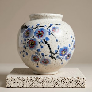 May include: A speckled, off-white ceramic vase with a round body and a narrow neck. The vase is adorned with a hand-painted floral design featuring blue blossoms with red and yellow centers. The vase sits on a square, textured, off-white base.