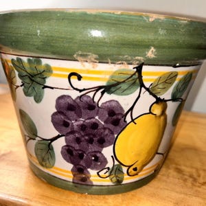 May include: A ceramic planter with a green rim and a white body decorated with a painted design of purple grapes, yellow lemons, and green leaves. The planter has yellow and green stripes.