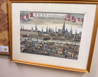 May include: Framed vintage print of Vienna, Austria, with the text "WIENN in Oelterreidi" across the top. The print features a detailed cityscape with buildings, towers, and a river, all in muted colors, set within a gold frame.