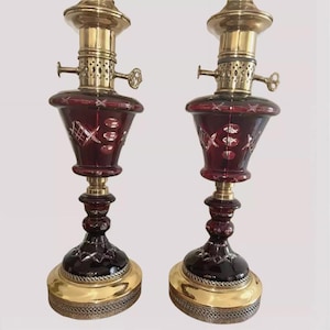 Vintage Czech Ruby Red Cut Glass Table Lamps, Polished Brass Base Pair