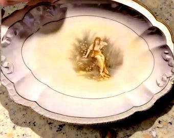 Antique Rosenthal Carmen Portrait Platter: Victorian Garden Woman - Scalloped Edges, Gold Trim