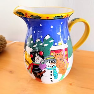 Catzilla Ceramic Pitcher, Retro Cats & Snowman Design (Large 8.5")