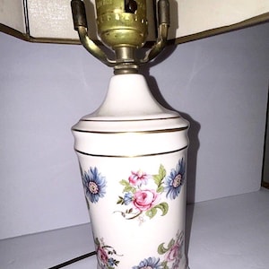 Vtg Floral Porcelain Lamp with Blue Pink Flower Design and Flower Paper Shade