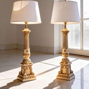 Vintage Pair Fortune Lamp Co Hollywood Regency Column 27" Table Lamps Mid Century