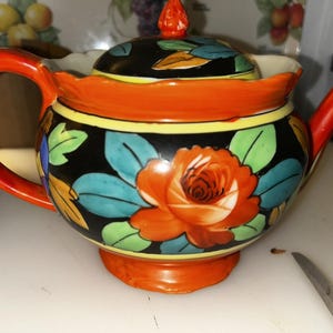 Vintage Japanese Teapot - 1950s Orange with Floral Pattern