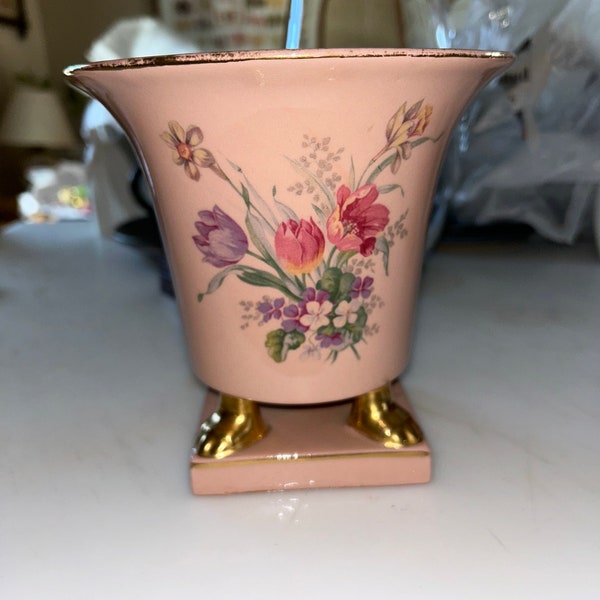 Vintage Pink Gold Footed Antique Ceramic Flower Pot or Bathroom Storage Container