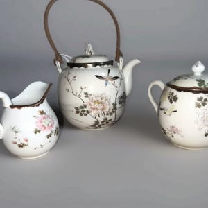 Meiji Era Japanese Tea Set - Floral Eggshell Teapot with Creamer and Sugar Bowl