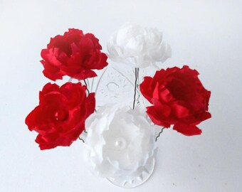 Red and white flower hair pins, Wedding flowers, Five small hair flowers, Bridal flower hair pins, Small fabric flowers.