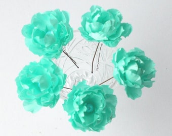 Five small hair flowers, Bridal flower hair pins, Mint hair accessories, Small fabric flowers, Mint flower hair pins, Wedding flowers.