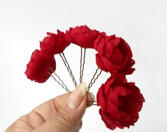 Cinq petites fleurs pour cheveux, épingles à cheveux fleur rouge, fleurs de mariage rouges, épingles à cheveux fleur de mariée, accessoires pour cheveux rouges, petites fleurs rouges en tissu