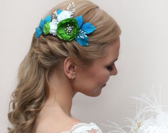 Bright Green and Turquoise Flower Comb, Headpiece, Pearl and Flower Bridal Comb, Blue and Green Bridal Hair Flower, Bridal Hair Comb.