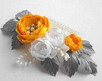 Peigne à fleurs jaune, gris et blanc, coiffe de mariée, peigne de mariée aux perles et aux fleurs, fleur de cheveux de mariée jaune et gris, peigne à cheveux de mariée.