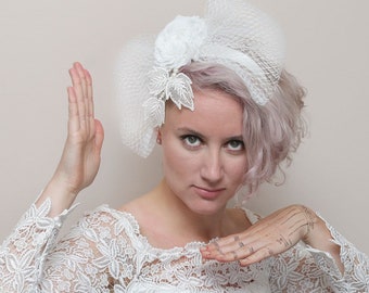 Handmade Ivory Bridal Fascinator: Silk Flower, Lace, Birdcage Veil Headband