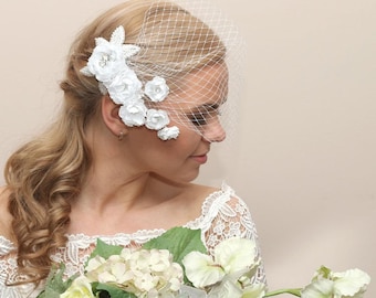 White Birdcage Veil, Bridal Hair Flower, Bridal Veil, Bridal Blusher Veil, Bridal Hair Accessories, Bridal Headpiece, Birdcage Fascinator.