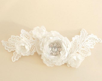 Ivory Silk Flower Lace Bridal Hair Clip: Rhinestone Wedding Fascinator