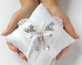 Wedding Ring Pillow White Ring Pillow Wedding Ring Bearer Pillow Satin Ring Pillow with Butterfly Rhinestone Butterfly Pillow