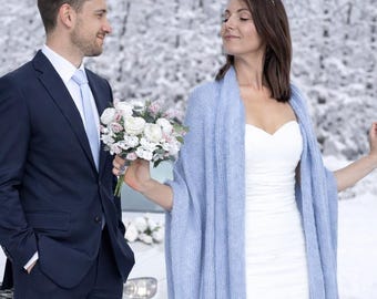 Light Blue Soft Wedding Shawl: Knit Bridal Cover-Up, Wrap for Bridesmaids