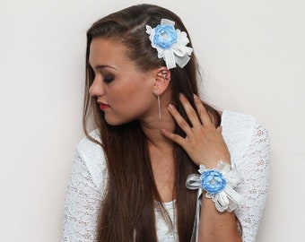 Lace Wedding Flower Hair Clip Wrist Corsage With Light Blue and Ivory Flowers Wedding SET Blue and Ivory Wedding Acessories Bridal Hair Clip