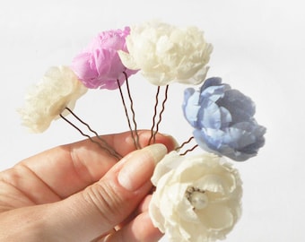 Ivory, pink and light blue small fabric flowers, Small flower hair pins, Pastel Wedding, Five small hair flowers, Bridal flower hair pins