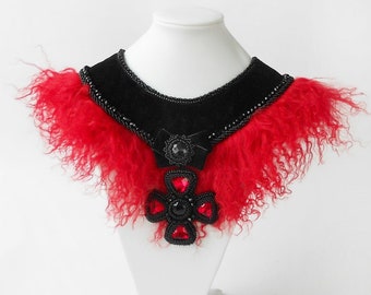 Statement necklace, Gothic necklace, Bold necklace with medal, Red and black beaded necklace and brooch, Black velvet necklace