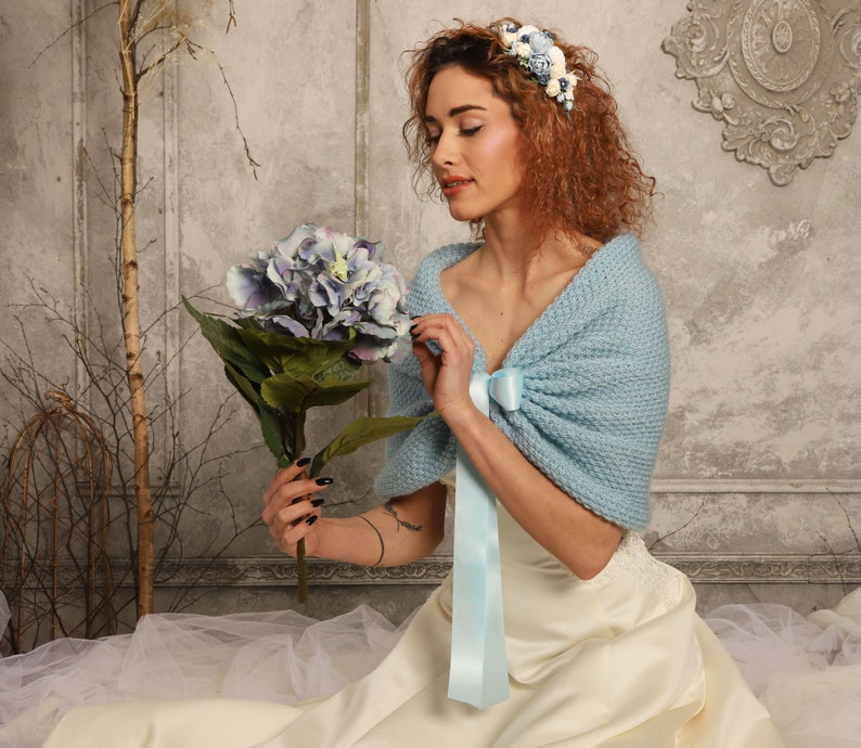 Aquamarine bridal shawl, powder blue bridal stole, wedding wrap, bolero, light blue knitted capelet, bridal cape, shrug, plus size too image 4