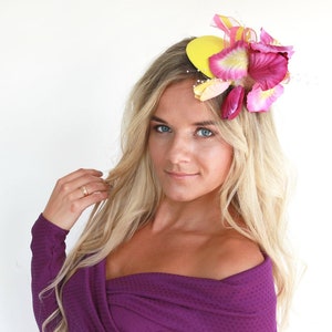 Pink and Yellow Kentucky Derby Hat-Yellow Fascinator-Yellow Top Hat-Headpiece with Iris-Flower Hair Piece-Mother of a bride hat-Church Hat
