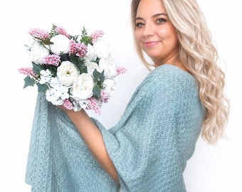 Dusty Blue Knitted Wedding Shawl: Knit Bridal Wrap, Bridesmaid Cover-Up