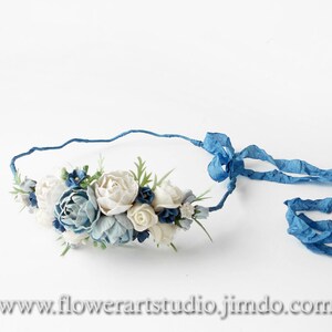 Blue Bridal Hair Wreath Wedding Crown Halo Bridal Headpiece Woodland Tiara Flower Crown Floral Crown White and Blue Flower Girl Halo image 4