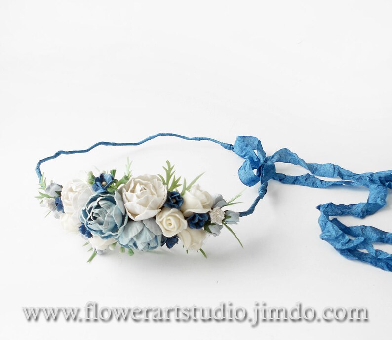 Blue Bridal Hair Wreath Wedding Crown Halo Bridal Headpiece Woodland Tiara Flower Crown Floral Crown White and Blue Flower Girl Halo image 4