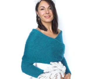 Turquoise bridal sweater, convertible wedding shrug, wedding jacket, cover up, knitted cape, scarf with arms, bridal sweater, vegan friendly