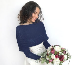 Pull de mariée bleu foncé, veste de mariée, haussement d'épaules de mariage, boléro de mariage d'hiver, camouflage, veste de mariage, pull en tricot