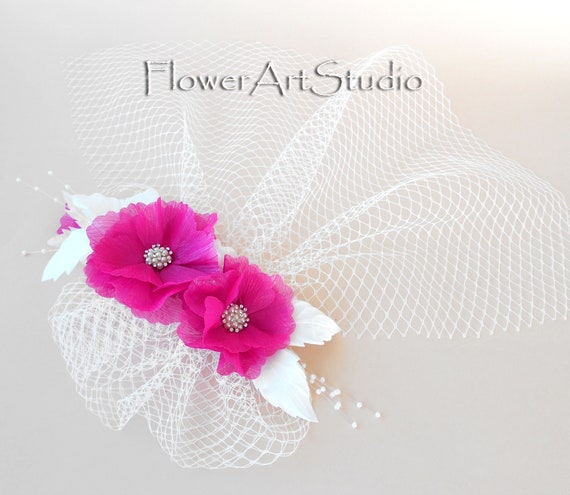 Magenta And White Bridal Headpiece Birdcage Fascinator Etsy