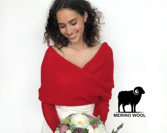 Bridal sweater red, bridal jacket, wedding shrug, winter wedding bolero, cover up, wedding jacket, knit pullower scarlet red merino wool