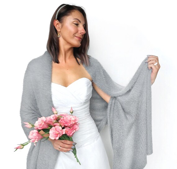 Light Gray Knitted Bridal Shawl: Soft and Silky Wedding Wrap for