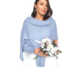 Châle de mariage doux bleu clair, châle de mariée, cache-vêtements, boléro, haussement d'épaules, cape en tricot, cape, châle de demoiselle d'honneur, châle d'épaule souple pour végétalien