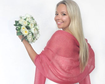 Mohair and Silk Wedding Shawl: Coral Bridal Wrap, Knitted Bridesmaid Cover-Up
