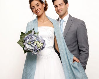Handmade Dusty Blue Knitted Wedding Shawl: Knit Bridal Wrap, Bridesmaid Cover-Up, Plus Size too