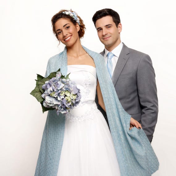Handmade Dusty Blue Knitted Wedding Shawl: Knit Bridal Wrap, Bridesmaid Cover-Up, Plus Size too