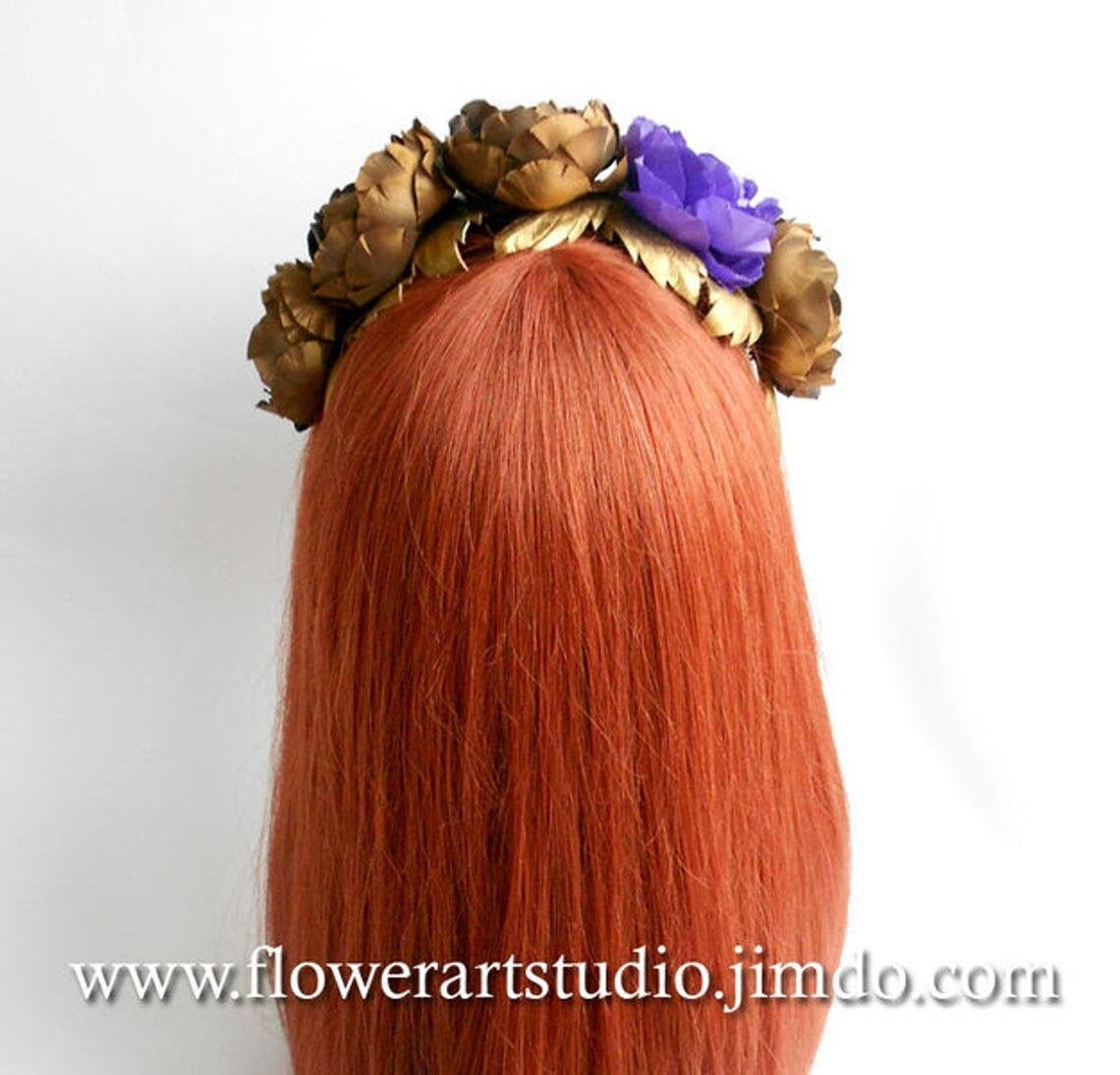 Purple leather flower floral headband fascinator hair piece beaded handcrafted Bronze Leather Flower Fascinator: Purple Wedding Hair  main image 2