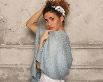 Antique blue wedding wrap, Dusty blue knitted shawl, Powder blue bridal shawl, Bridal cover up, Wedding bolero, Aqua blue scarf, Bridal cape