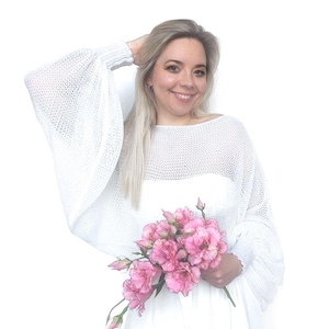 White Knitted Bridal Bolero for Wedding: Summer Sweater, Thin and Airy Knit, Bell Sleeves
